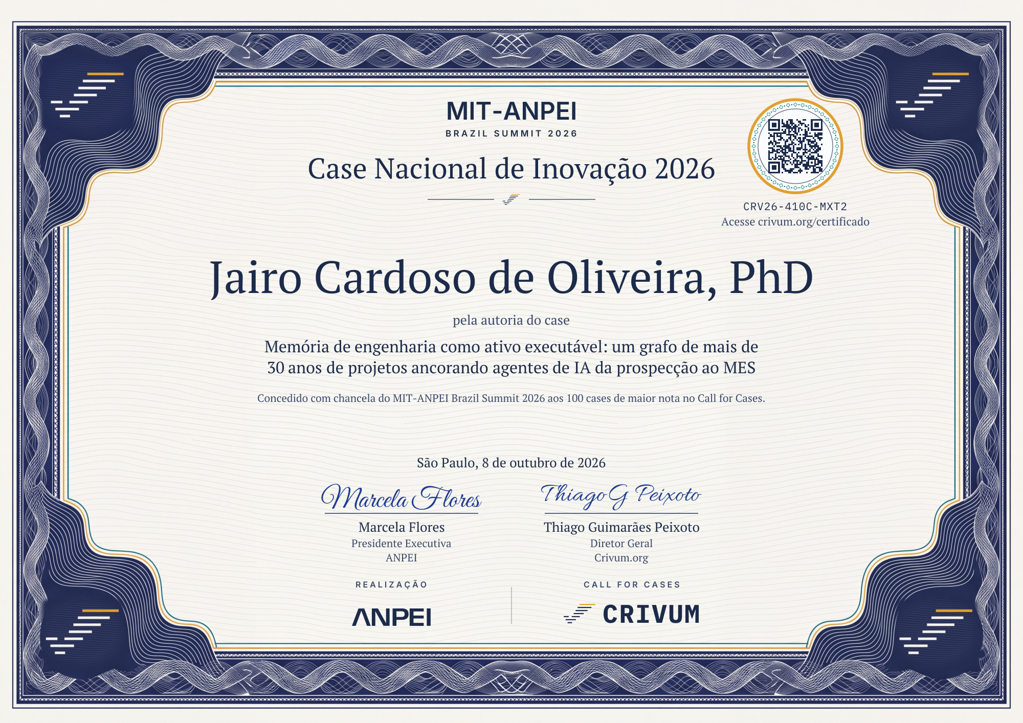 Certificado de Case Nacional de Inovação 2026 de Jairo Cardoso de Oliveira, PhD