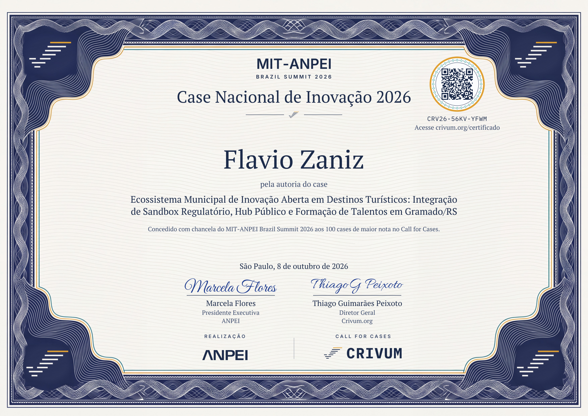 Certificado de Case Nacional de Inovação 2026 de Flavio Zaniz