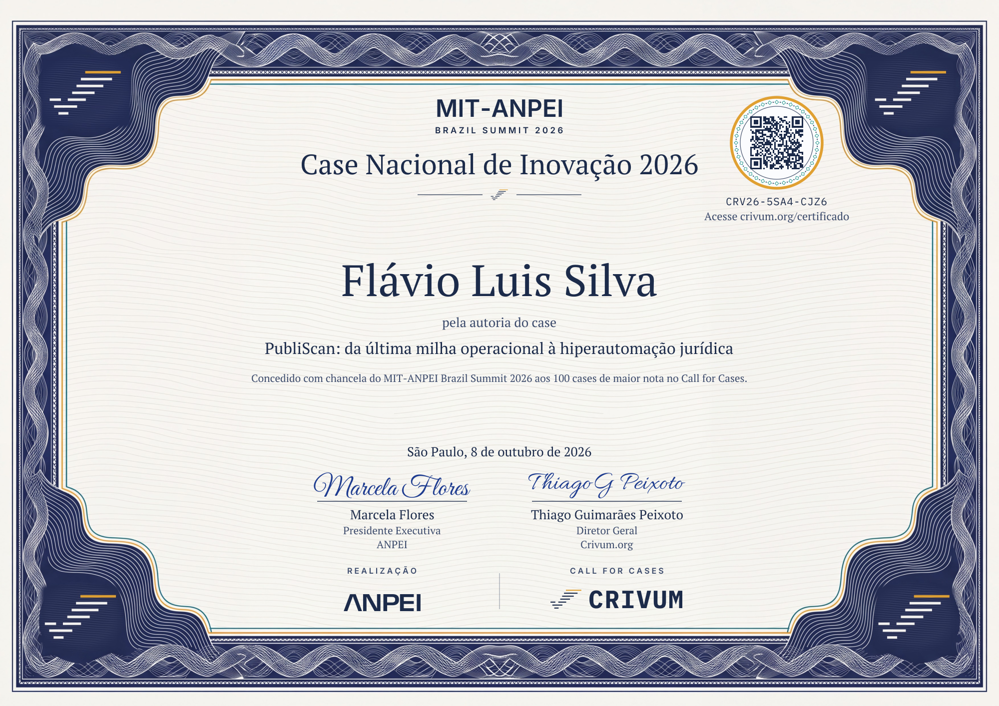 Certificado de Case Nacional de Inovação 2026 de Flávio Luis Silva