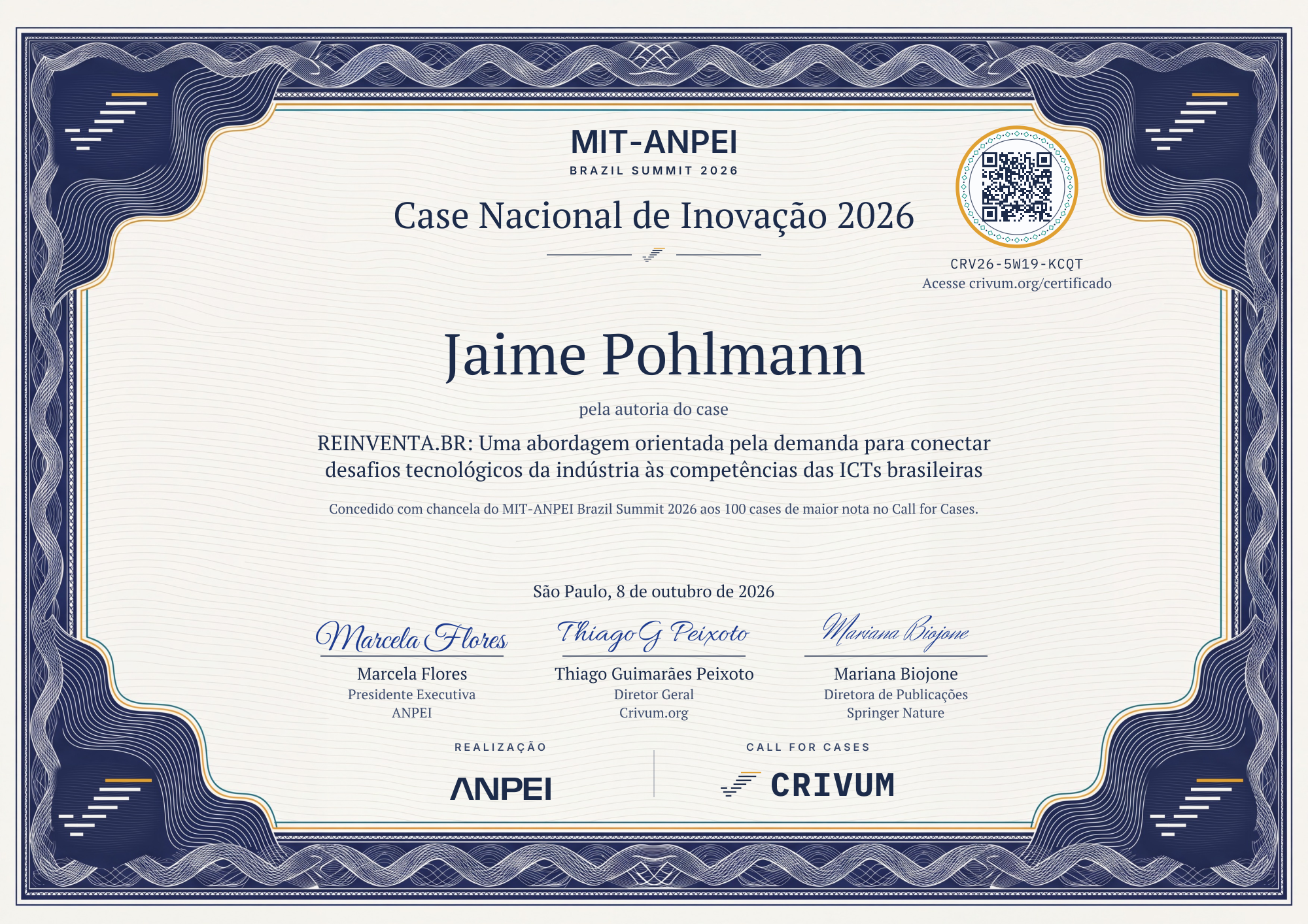 Certificado de Case Nacional de Inovação 2026 de Jaime Pohlmann