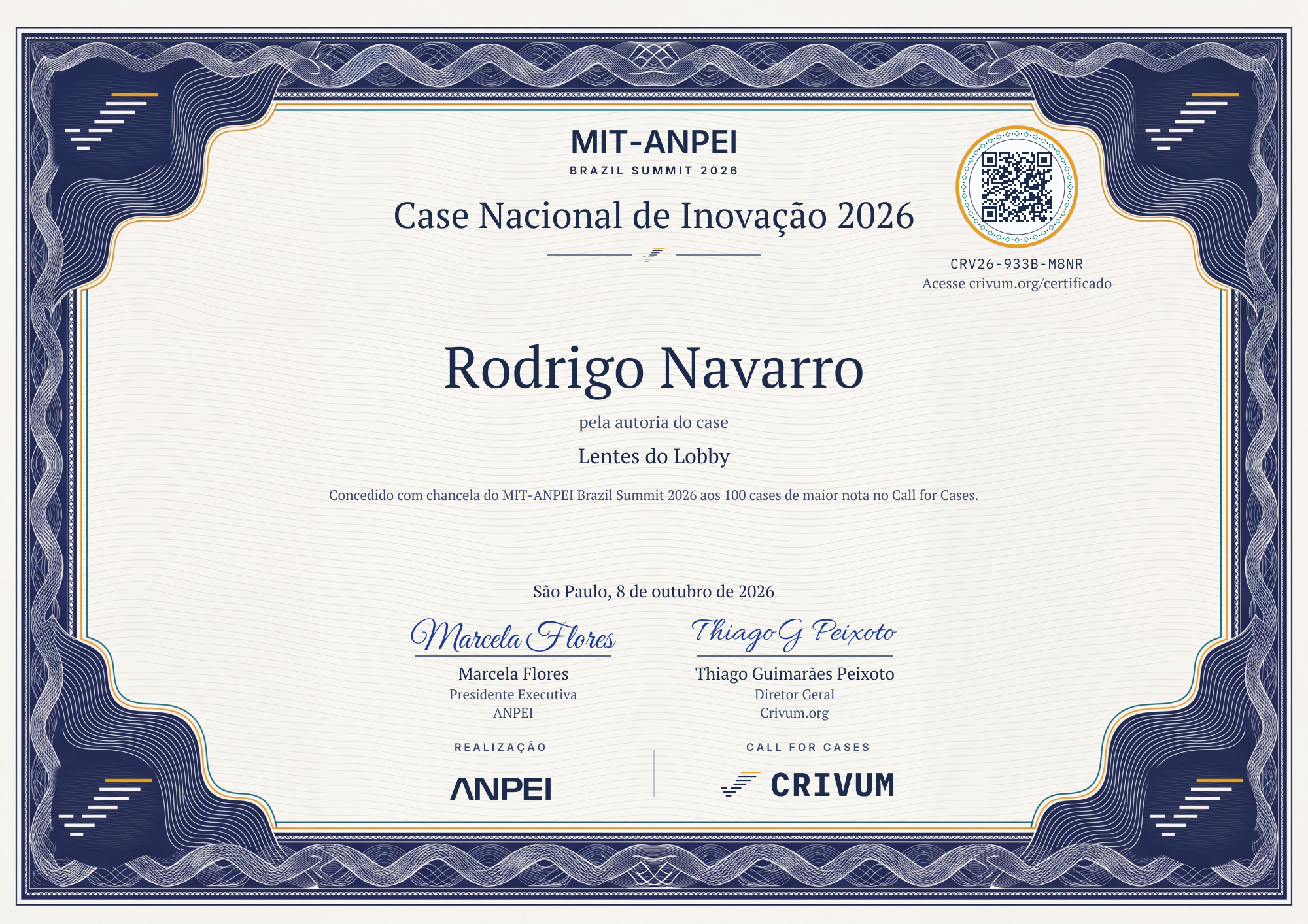 Certificado de Case Nacional de Inovação 2026 de Rodrigo Navarro