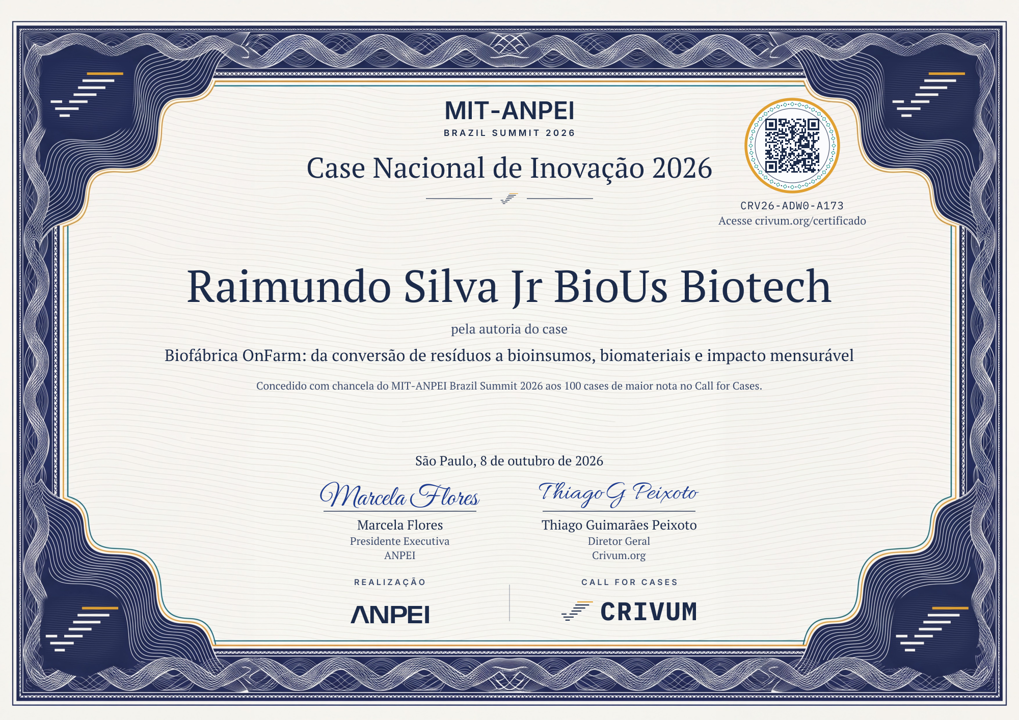 Certificado de Case Nacional de Inovação 2026 de Raimundo Silva Jr BioUs Biotech