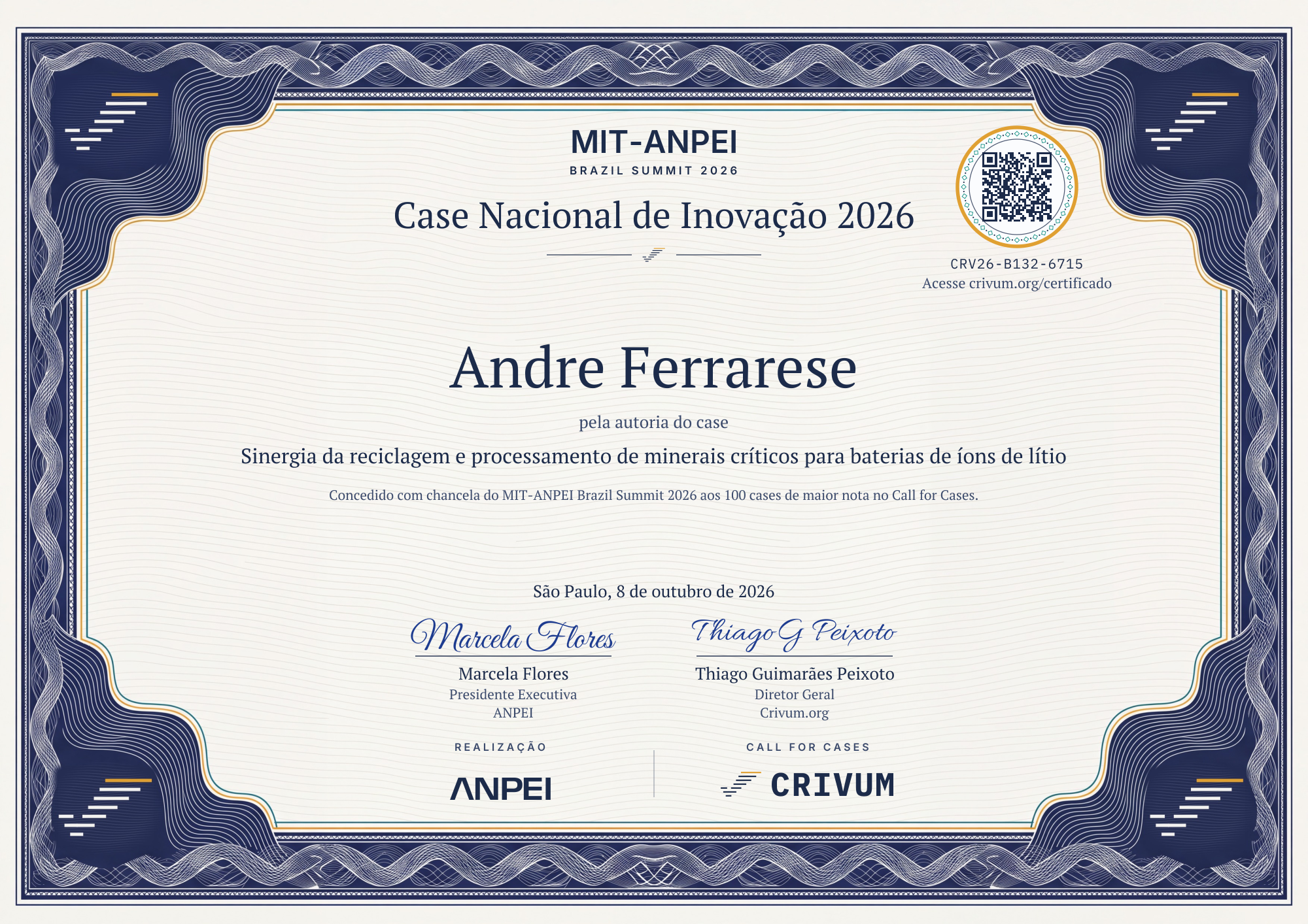 Certificado de Case Nacional de Inovação 2026 de Andre Ferrarese