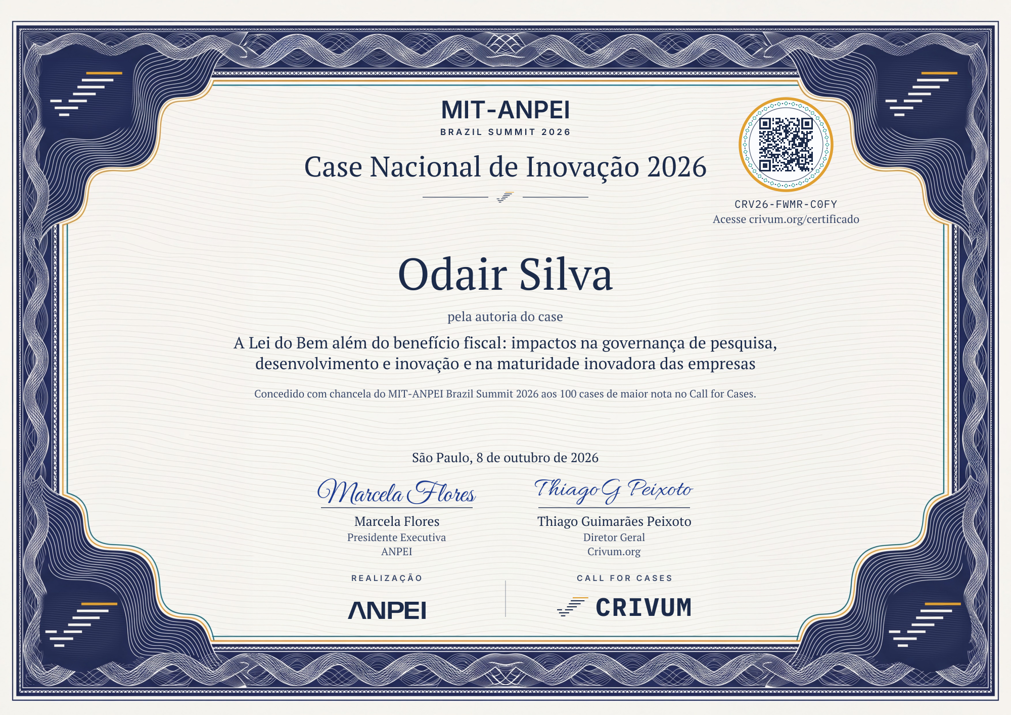 Certificado de Case Nacional de Inovação 2026 de Odair Silva