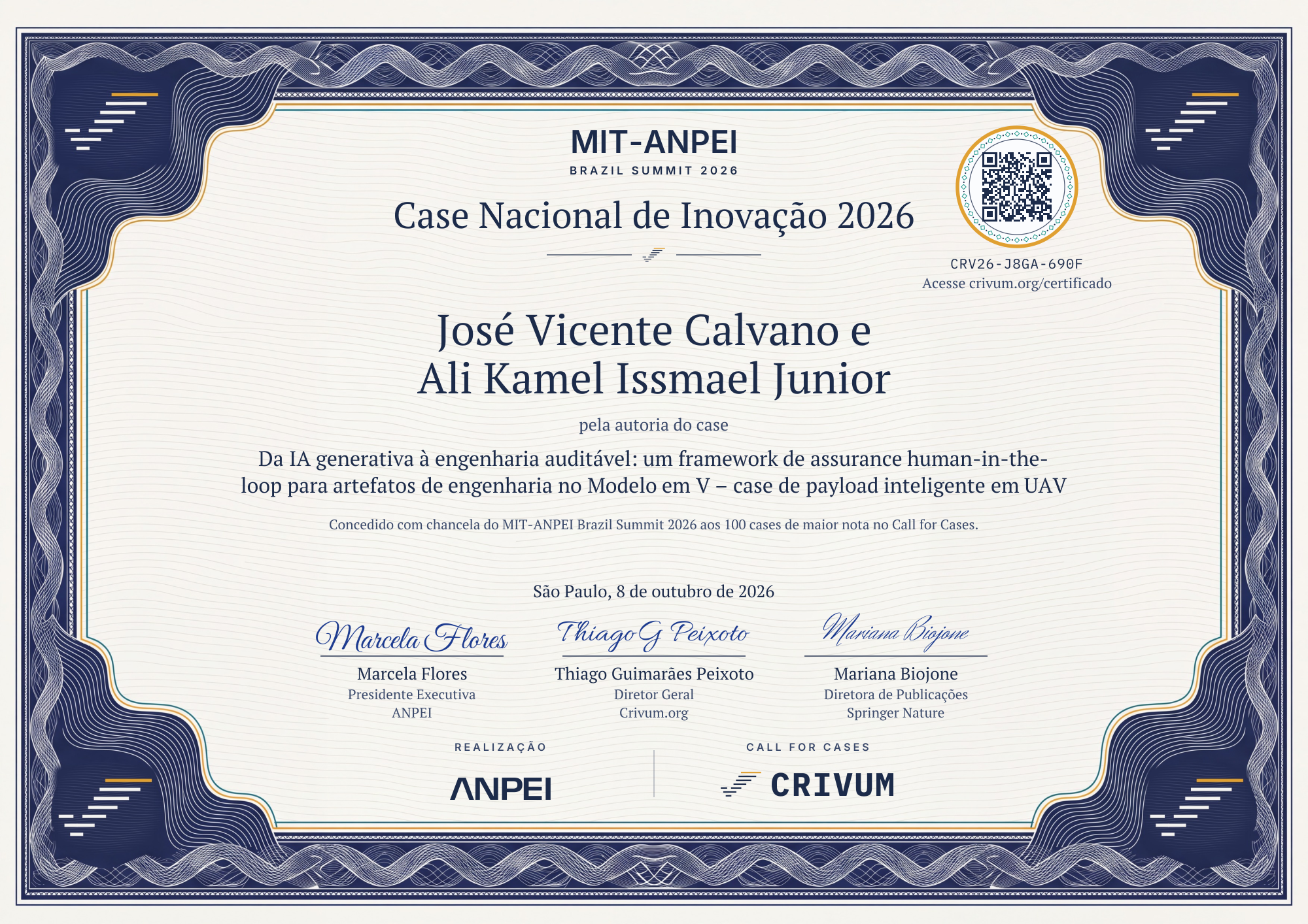 Certificado de Case Nacional de Inovação 2026 de José Vicente Calvano