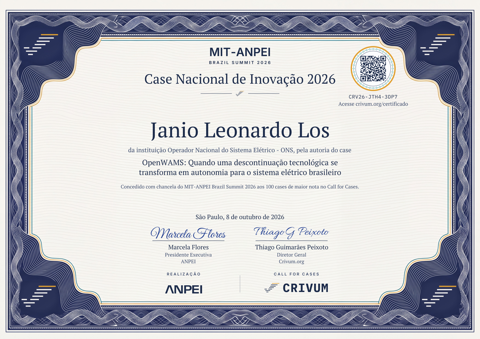 Certificado de Case Nacional de Inovação 2026 de Janio Leonardo Los