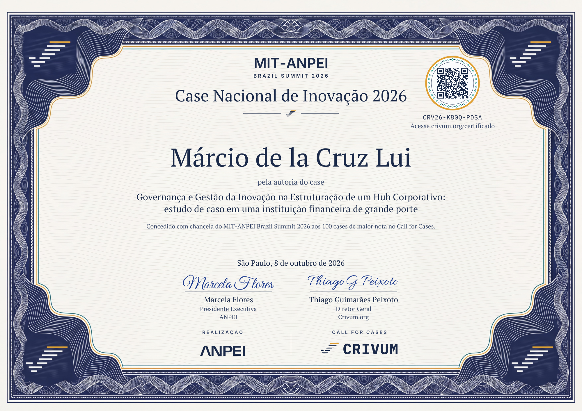 Certificado de Case Nacional de Inovação 2026 de Márcio de la Cruz Lui