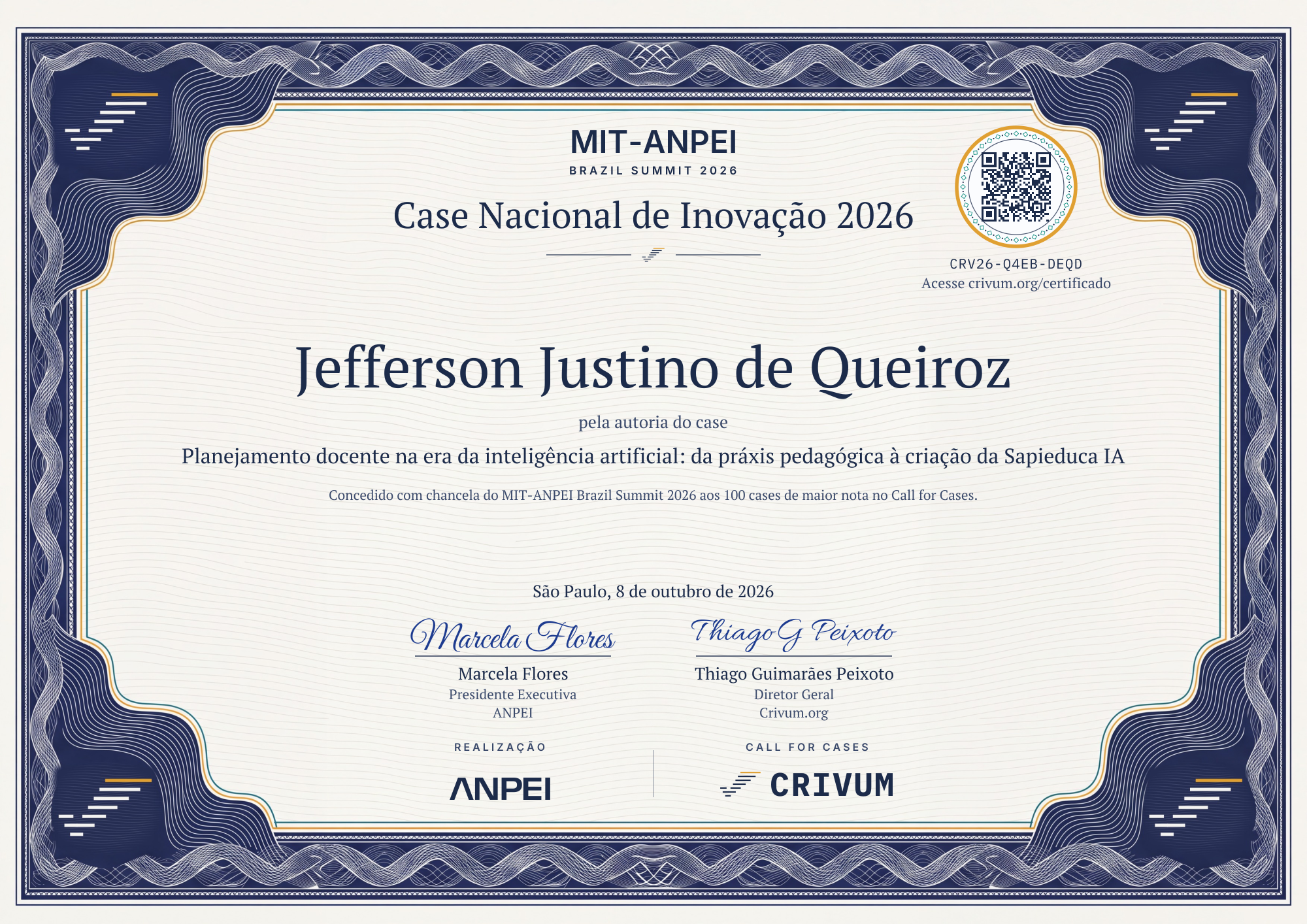 Certificado de Case Nacional de Inovação 2026 de Jefferson Justino de Queiroz