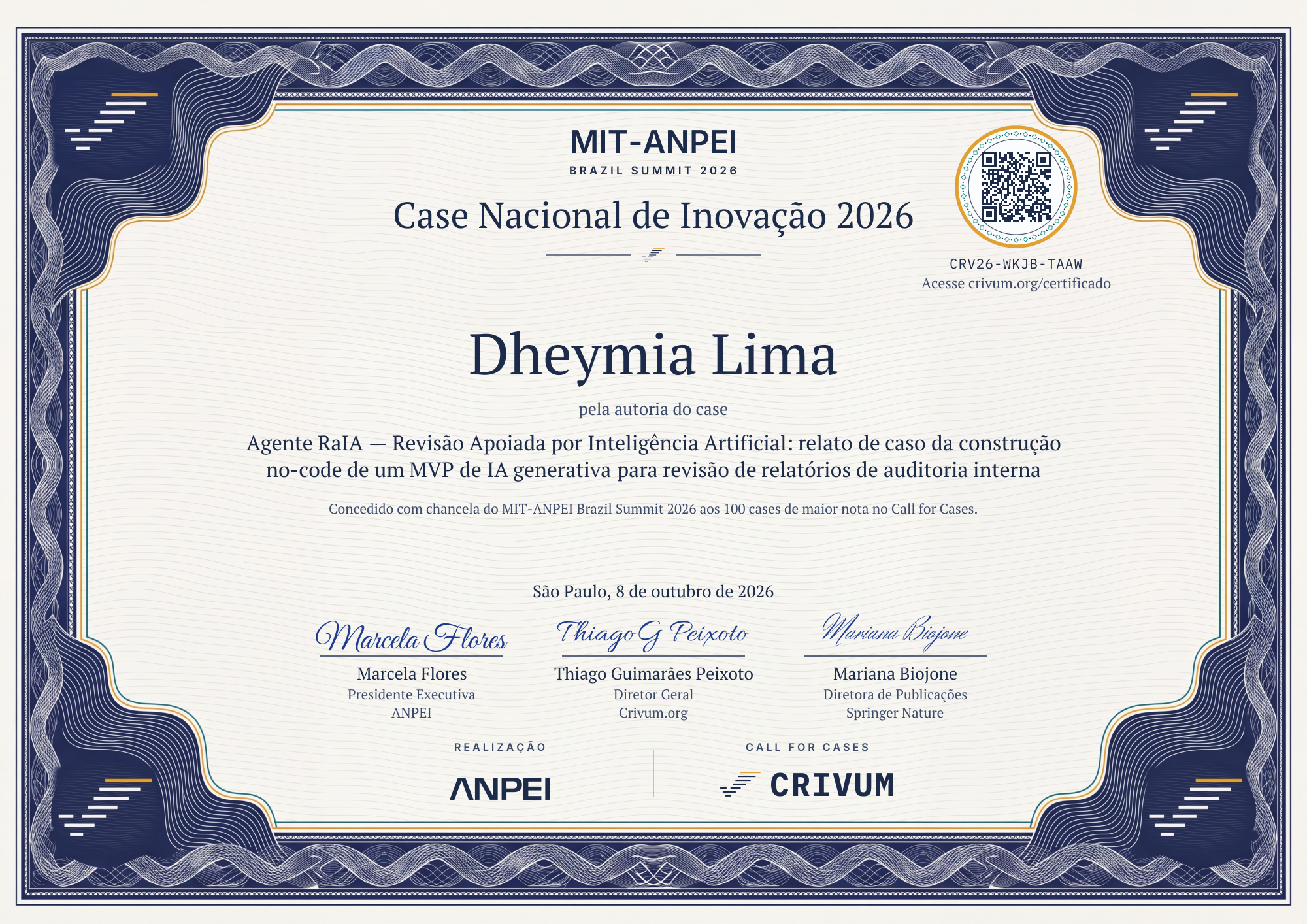 Certificado de Case Nacional de Inovação 2026 de Dheymia Lima
