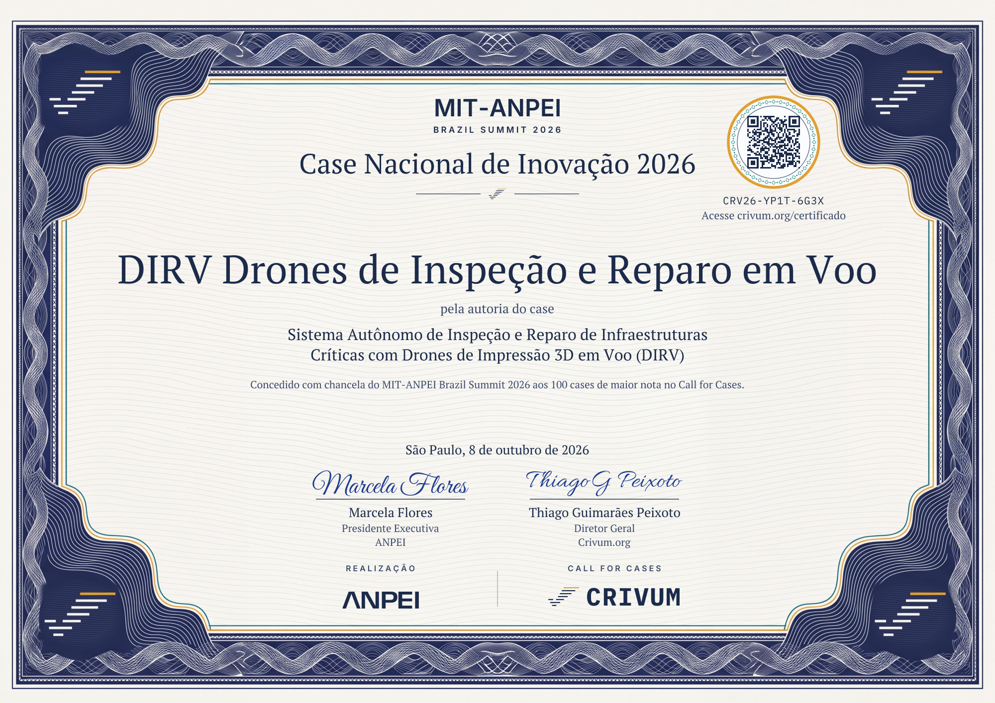 Certificado de Case Nacional de Inovação 2026 de DIRV Drones de Inspeção e Reparo em Voo