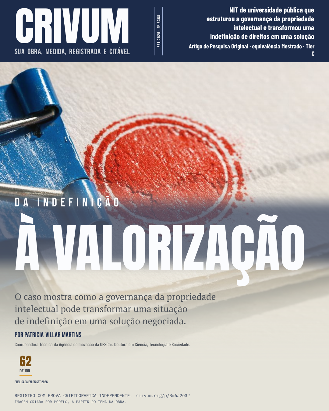 Capa de revista da obra DA INDEFINIÇÃO À VALORIZAÇÃO: GOVERNANÇA DA PROPRIEDADE INTELECTUAL EM UMA PARCERIA UNIVERSIDADE–EMPRESA
