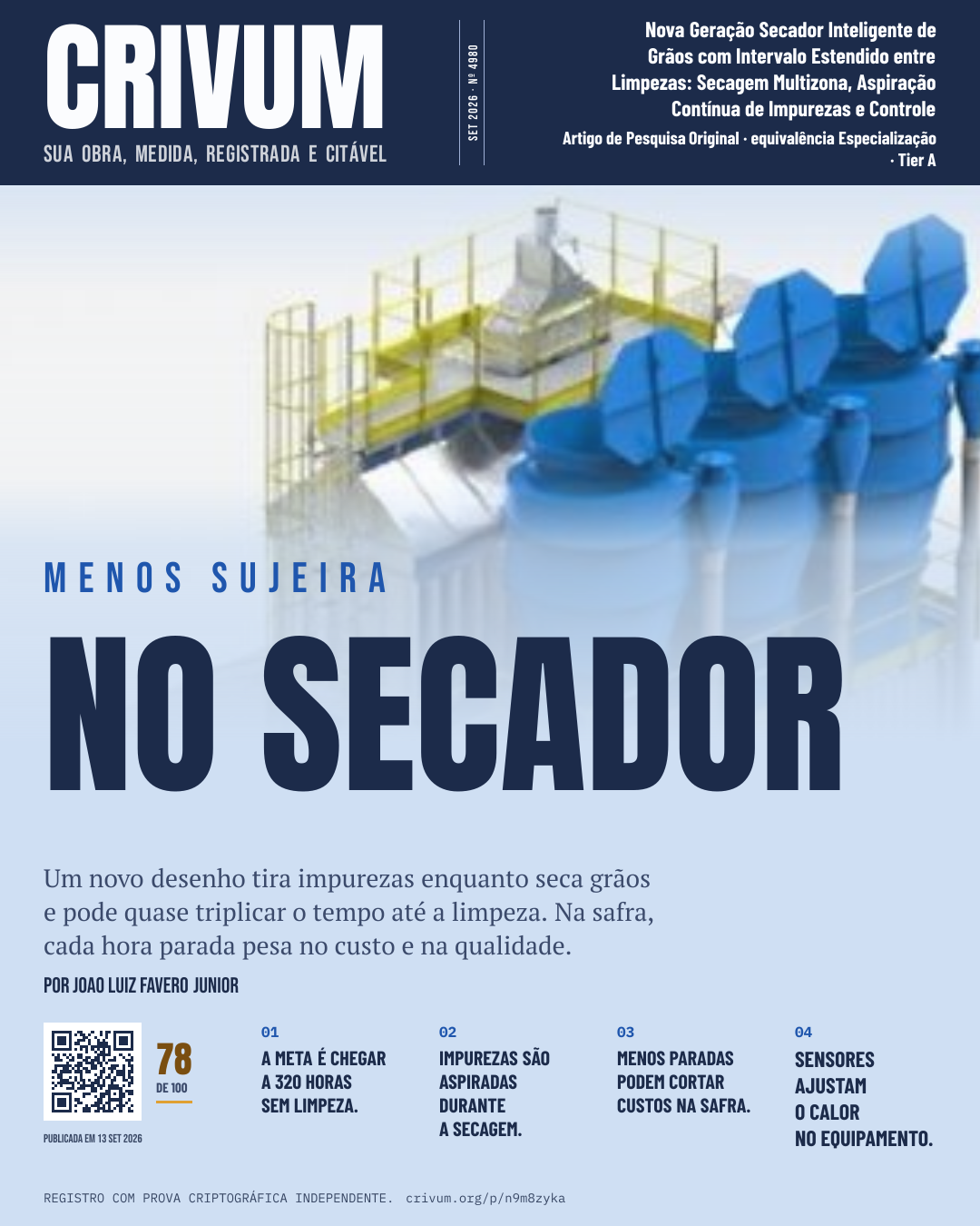 Capa de revista da obra Nova Geração Secador Inteligente de Grãos com Intervalo Estendido entre Limpezas: Secagem Multizona, Aspiração Contínua de Impurezas e Controle Inteligente Integrado do Processo